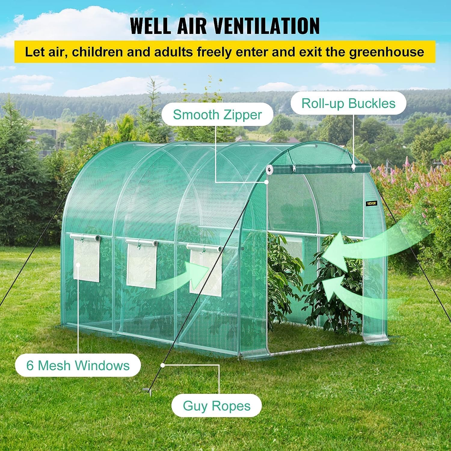 Greenhouse Replacement Cover for 12 x 7 x 7 Portable Greenhouse, Large Walk-in Green Hot Garden House Top Tarp 2 Zippered Doors & 6 Roll-up Windows (Frame Does NOT Included) (12' X 7' X 7')